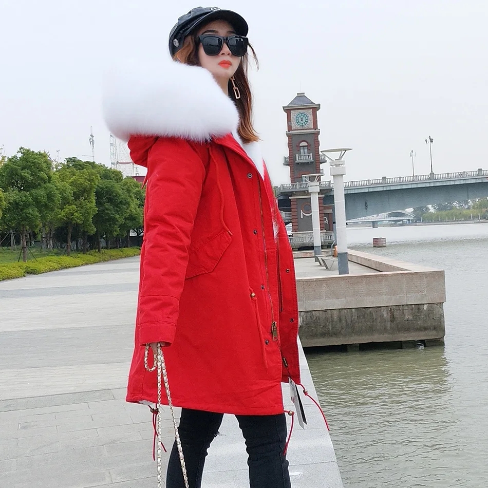Натуральный Лисий мех воротник парка для женщин Зима утолщаются мода тонкий куртка пальто натуральный Лисий мех пальто