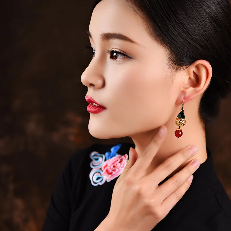 BOEYCJR Ethnic Vintage Gold Color Hollow Water Drop Red Stone Bead Dangle Earrings Jewelry Drop Earrings For Women Gift 2019