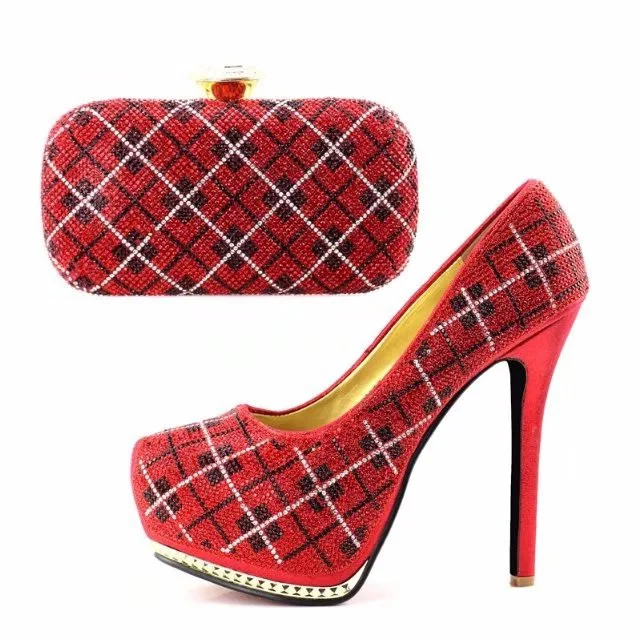 

Red plaid fashion elegant shoes and bag to match in african aso ebi wedding party nice shoes and bag matching set 38-42 SB8117-4