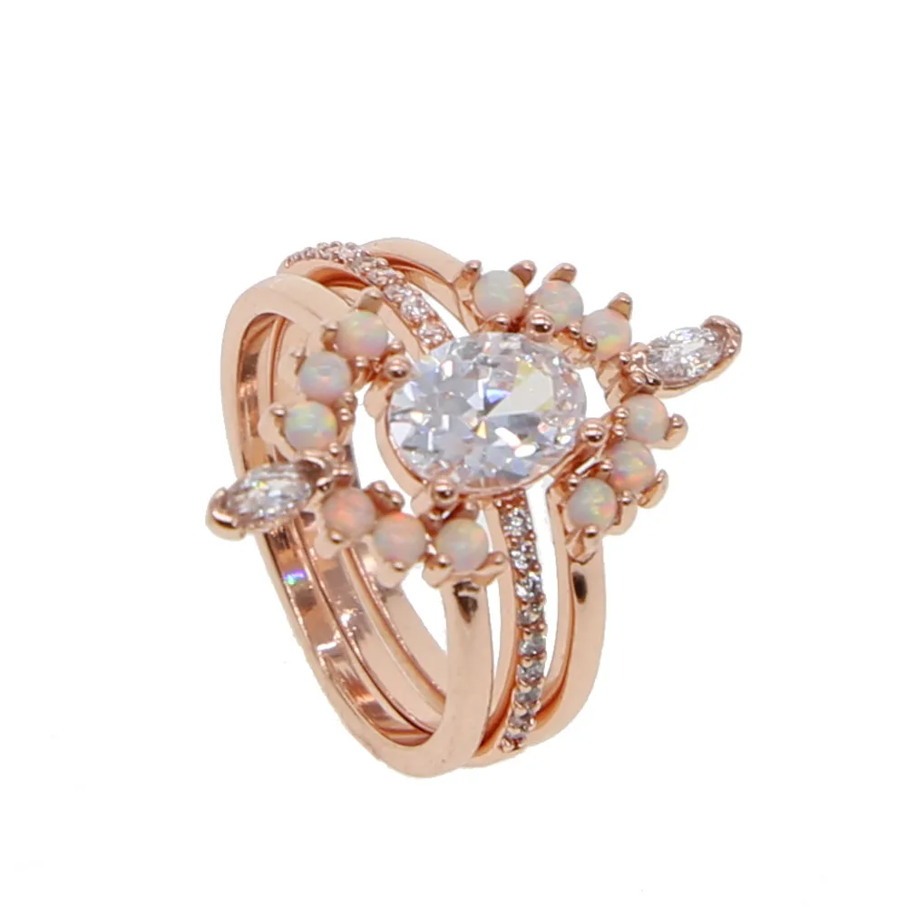 Delicate big cz egg oval shape Finger Ring Rose Gold Paved Tiny Zirconia CZ opal Jewelry 3pc ring set For Valentine's Day Gifts |