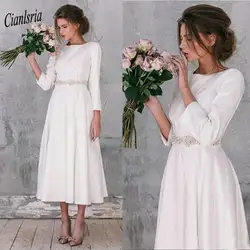 Скромный 2019 с длинным рукавом Короткое свадебное платье es кристаллами Пояса чай Длина великолепные свадебные простое свадебное платье Robe