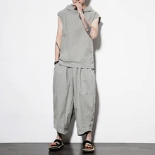 Новые мужские комплекты из 2 предметов(футболка+ штаны) Свободный Повседневный хлопковый льняной топ на бретелях широкие брюки мужские пляжные свободные брюки