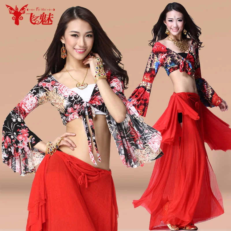 

New products egypt belly clothes women indian dance gypsy costume glass silk color big horn sleeves top+ears skirt 2pcs/set