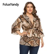 Leopard Blouses Women Open Stitch Loose Plus Size V-neck Three Quarter Sleeve Blouse Shirt SQQ1932