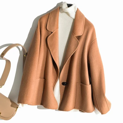 double-faced wool шерстяные женские короткие модные Универсальные свободные пальто с длинными рукавами сплошной цвет вязать кардиган форма пальто - Цвет: Camel