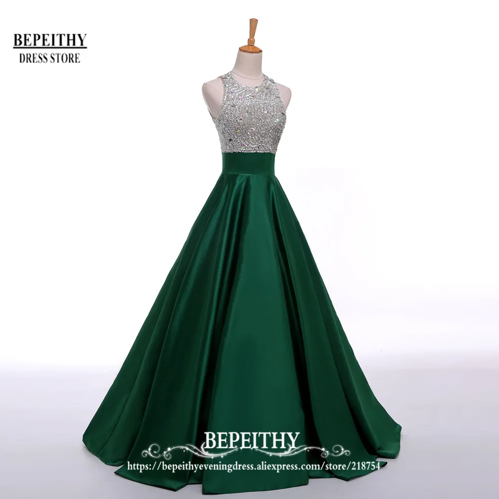 Настоящее изображение, длинное вечернее платье трапециевидной формы, бисер, лиф со стразами, открытая спина, вечерние, элегантные, новинка, vestido de festa, платья для выпускного вечера - Цвет: Зеленый