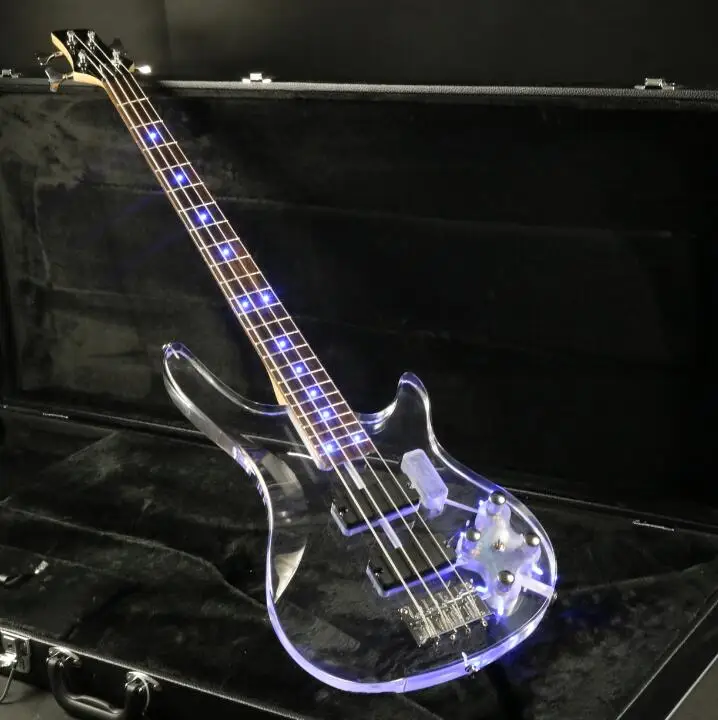 4 Strings Acrylic Body Electric Bass Guitar Crystal Guitar Blue LED