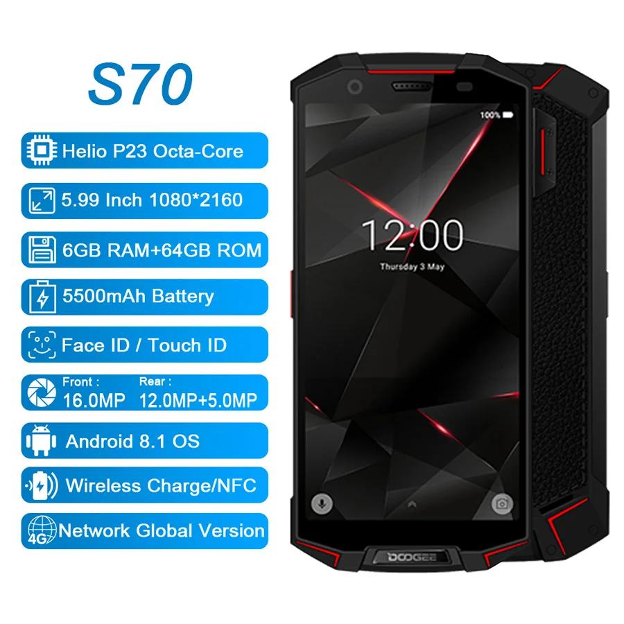 DOOGEE S70 P68/IP69K водонепроницаемый игровой телефон Беспроводная зарядка NFC 5500 мАч 12 В 2