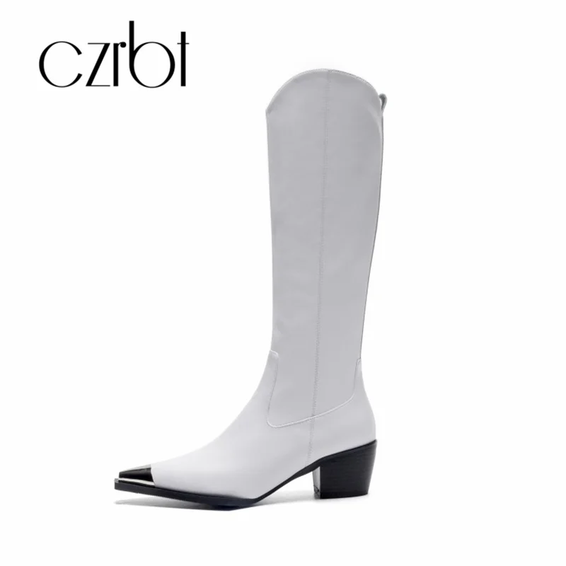 

czrbt 2018 winter new metal square boots genuine leather brand design fashionable high heel square heel anti-skid women boots