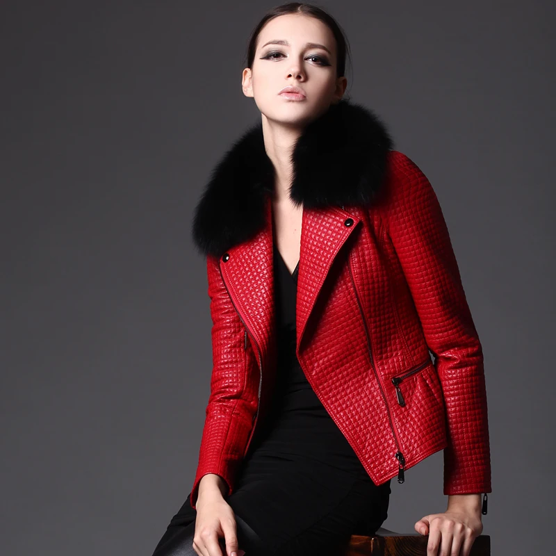 

Ladies' Short Design Genuine Leather Clothing Female Fox Fur Collar Plaid Cotton-padded Leather Outerwear