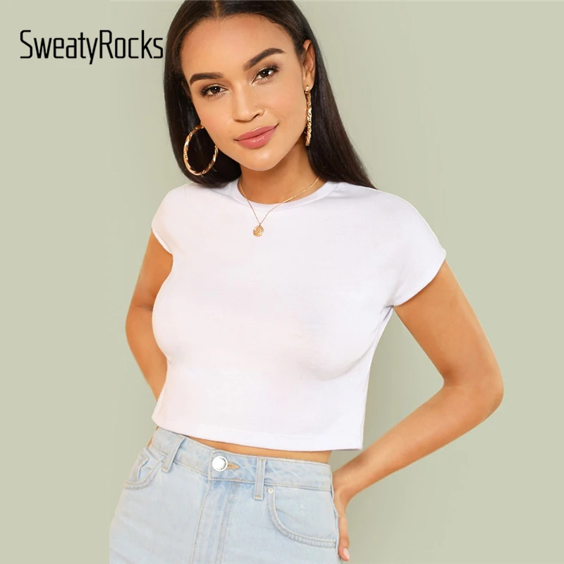 SweatyRocks Твердые короткий рукав укороченный тройник Уличная Для женщин эластичные футболки Basics и топы корректирующие Лето г. Athleisure белые футболк
