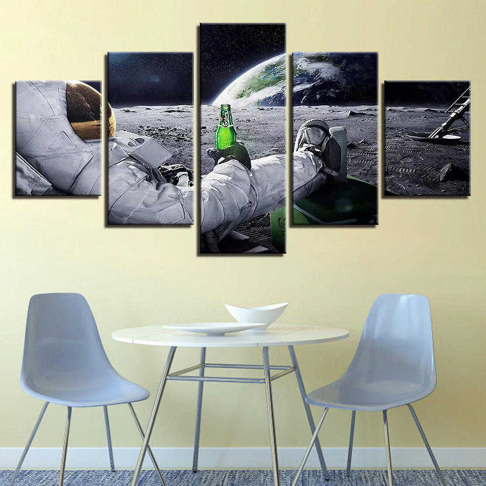 

Hd Print 5 Pieces Canvas Paintings Astronaut Drink Beer On Moon Abstract Lunar Wall Art Pictures Home Decoration Posters