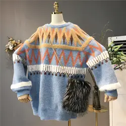 Harajuku с длинным рукавом О образным вырезом Свободный пуловер геометрический для женщин Зимний свитер плюс размеры повседневное мех животны