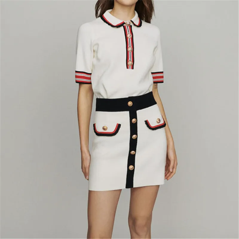 

HAMALIEL Runway Summer Women Hit Color Knitted Striped Sweater Tops Skirt Suits + Single Breasted Pencil Button Clothing Sets