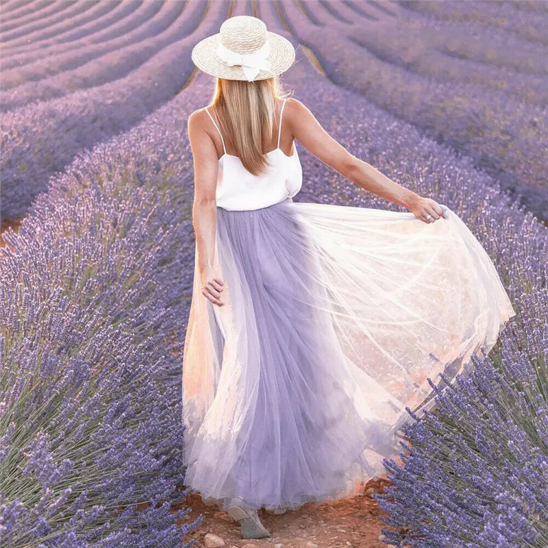 

Women Maxi Skirt Korean Fashion Purple Mesh High Waist Tutu Pleated Skirt 2019 Summer Elegant Tulle Long Skirts A Line Sundress