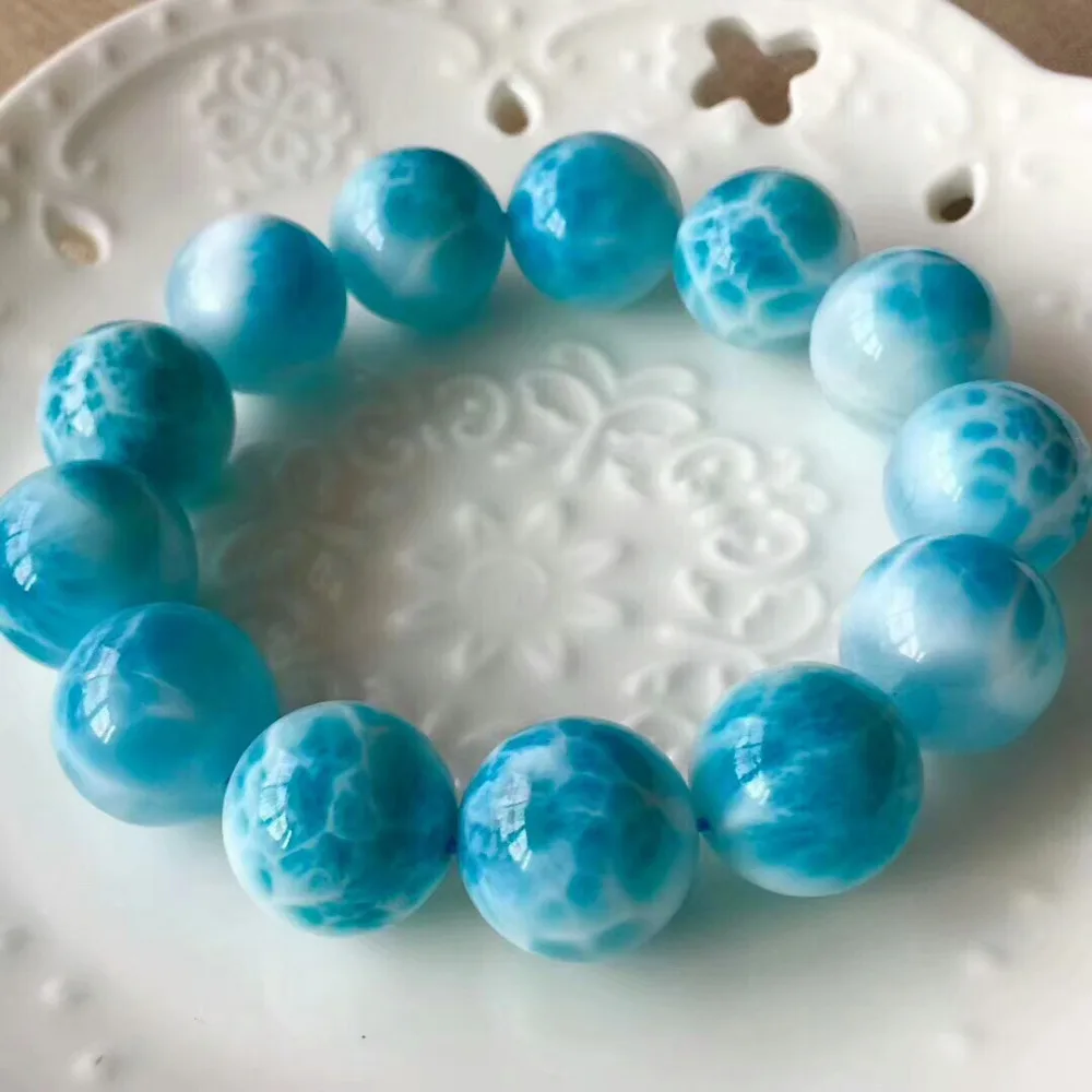 

Top Quality 16mm 100% Natural Larimar Blue Beads Bracelet From Dominica Gemstone Healing Stretch Water Pattern Bracelets AAAAAA