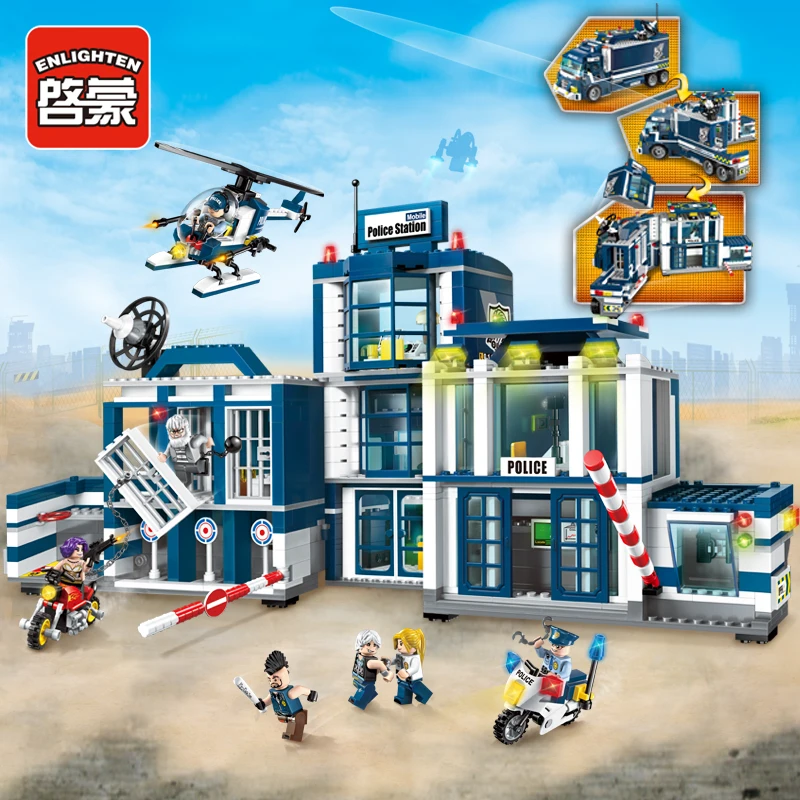 

Enlighten 951Pcs City Series Mobile Police Station Helicopter Model Playmobil Building Kits Blocks Bricks Toys For Children
