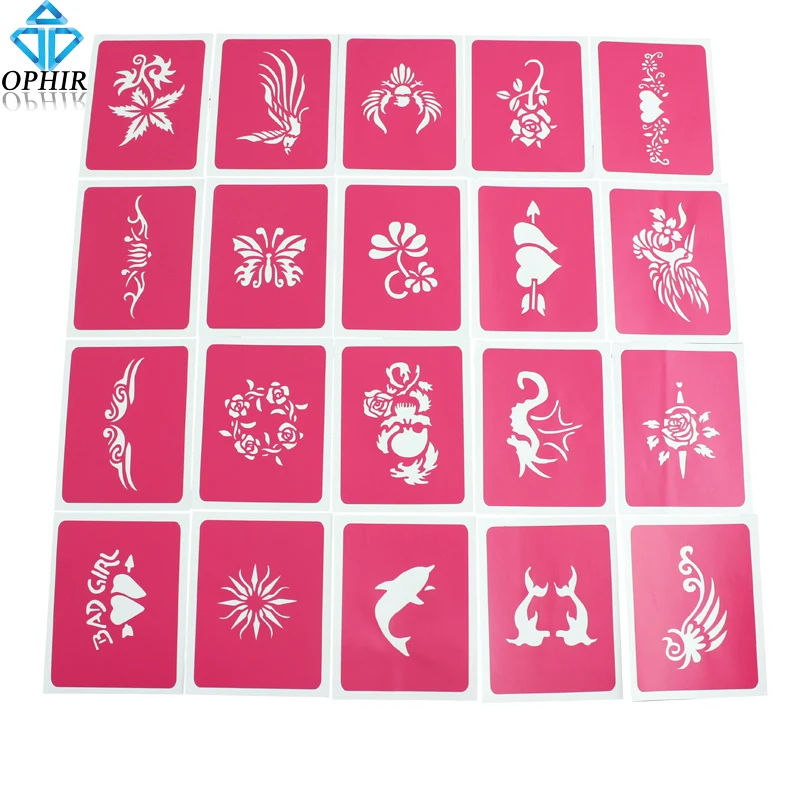 

OPHIR 20PCS/SET Pink Temporary Tattoo Stencil Glitter Body Paint Henna Templates 7x9cm _STE001