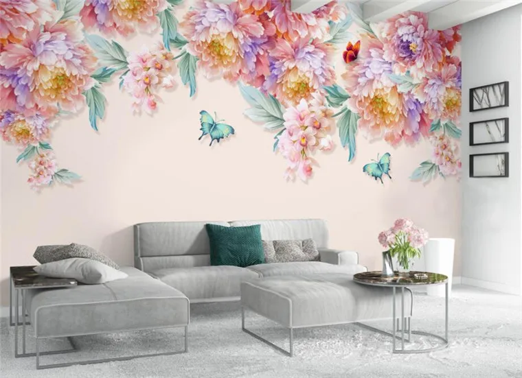 

Wallpaper mural custom living room bedroom hand-painted small fresh rose butterfly mural background home decor