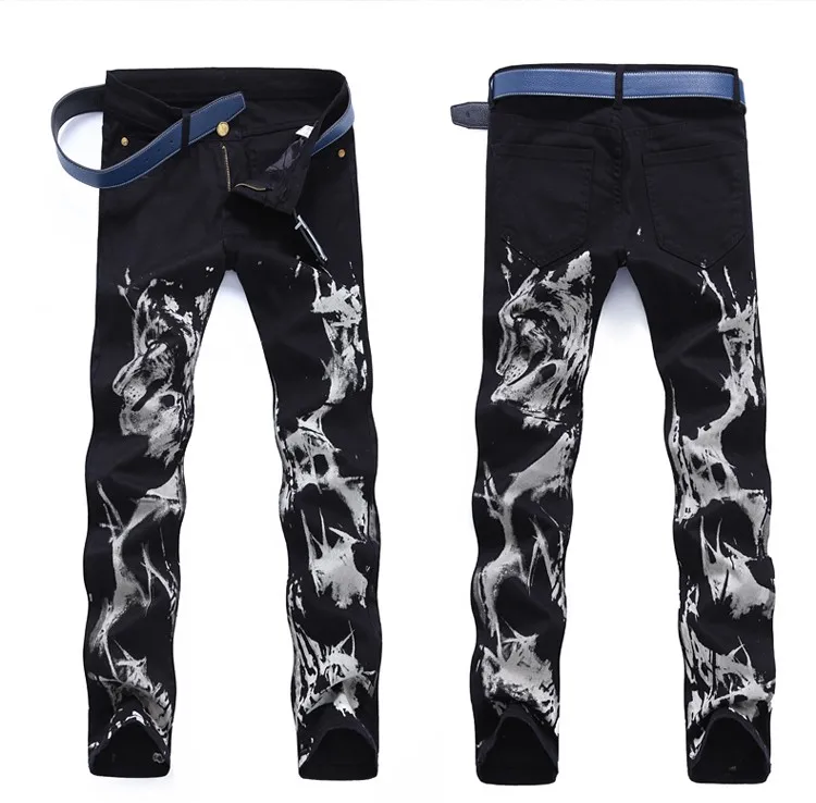 TR Mens skinny jeans black print biker pants male personality