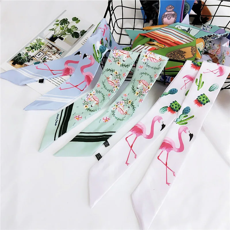 

Women Skinny Scarf Floral Flamingo Cat Printing Chiffon Scarf For Female Foulard Fashion Neckerchief Bag Scarf Head Scarves