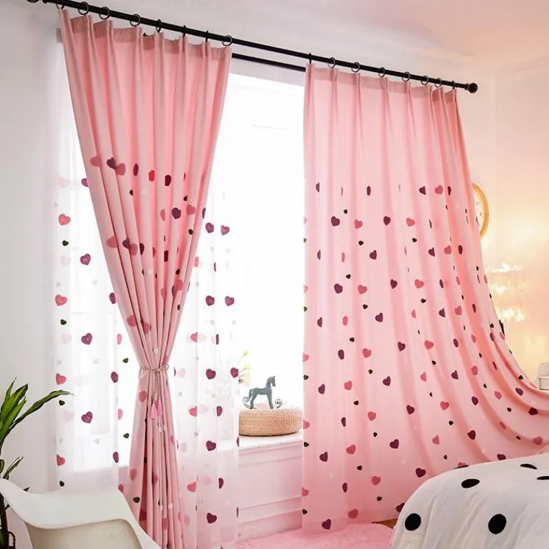 Розовая Занавеска с сердечками для девочек, детская комната, Мультяшные занавески, занавески из прозрачной ткани для окна, спальни, тюлевые занавески X521#30