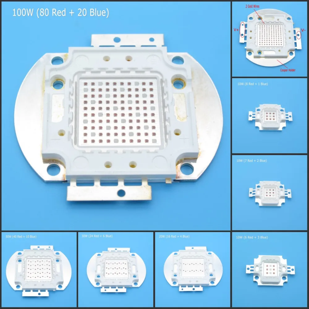 

High quality 10W 20W 30W 50W 100W COB LED Grow light Chip Light Source, 4:1 Red 660nm Blue 440nm, Epileds 30mil / 42mil