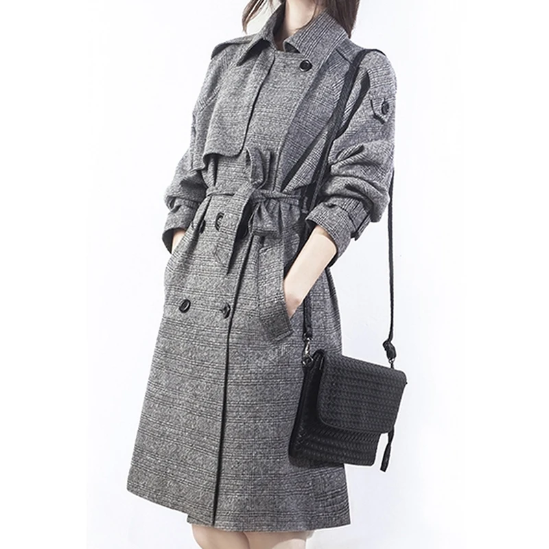 Gaganight Plaid Women Autumn Winter Trench Coat Warm Thick Single Breasted Long Coat Female Elegant Chic Sashes Outwear