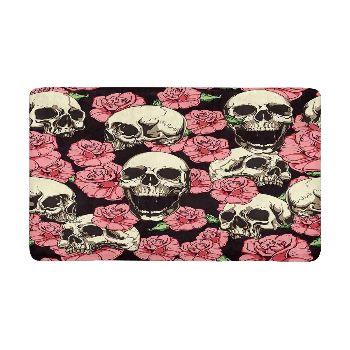 Черепа и розовые розы Придверный коврик латексная подложка нескользящий, дверной половик ковер 3"(L) x 18"(W