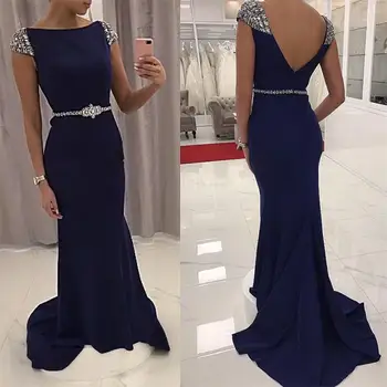 

Vestido de Noche Elegant Dark Blue Mermaid Evening Prom Gown Backless Beaded Sash Cap Sleeves Wedding Party Dress