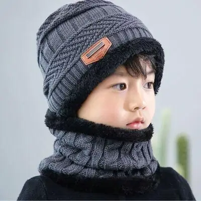 SUOGRY/новая детская зимняя теплая вязаная шапка, шапки с шарфом из утолщенной шерсти для мальчиков от 6 до 10 лет, ветрозащитная уличная шапка - Цвет: gray 2