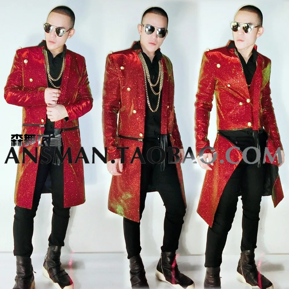 Men Red Green Bright Glitter Long Suit Coat Male DJ Male