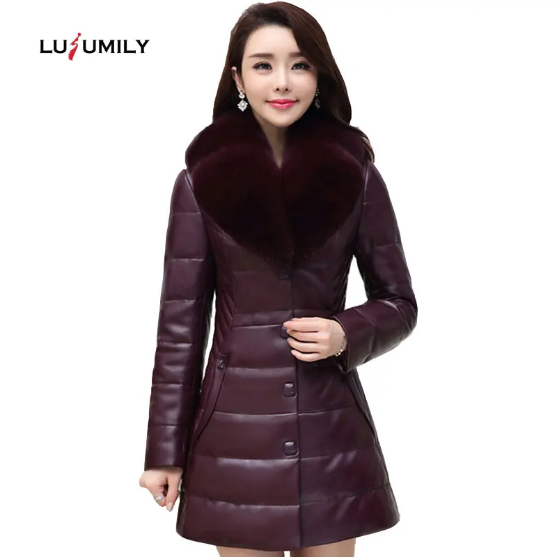 

Lusumily 2019 Luxury Women Winter Removable Fox Fur Collar Leather Jacket Coat Female Slim Jackets Outerwear Plus Size 6XL Coats