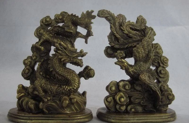

5 Chinese Brass Copper Dragon phenix in extremely good fortune Feng shui Statue