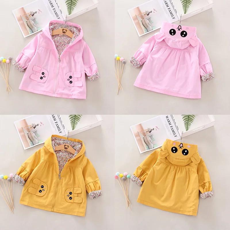 Spring Autumn Girls Windbreaker Coat Baby Kids Solid color cartoon rabbit Hoodie Zipper Outwear Kids Coats Jacket Clothing