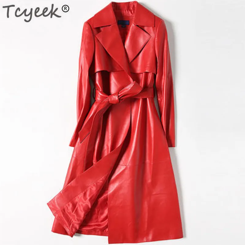 Tcyeek/Куртки из натуральной кожи; Женская куртка из натуральной овчины; женский ремень из настоящей кожи; одежда; весеннее длинное корейское пальто; LWL1427 - Цвет: red