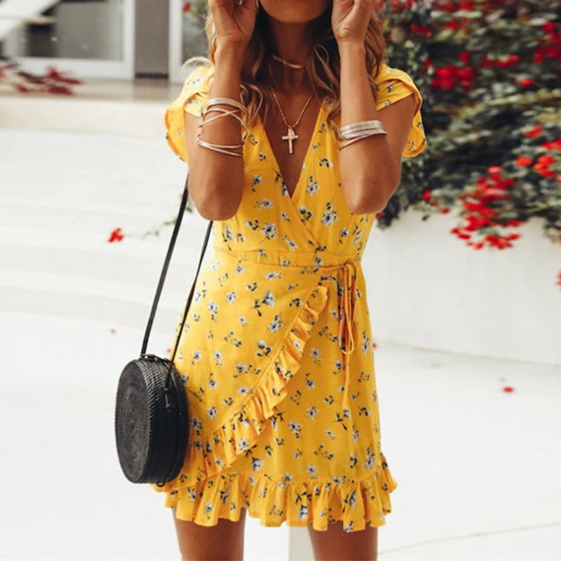 Women Summer Dress 2019 Boho Style Floral Print Sexy Beach Dresses Tunic Sundress Mini Party Dress Vestidos Plush Size S-3XL