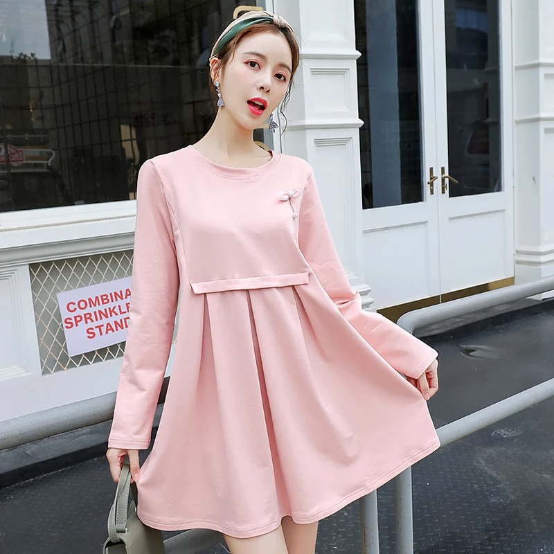 

Spring M-2XL Cotton Maternity Dresses Clothes For Pregnant Women Clothing O-neck Long Sleeve Pink Slim Pregnancy Dress Wear