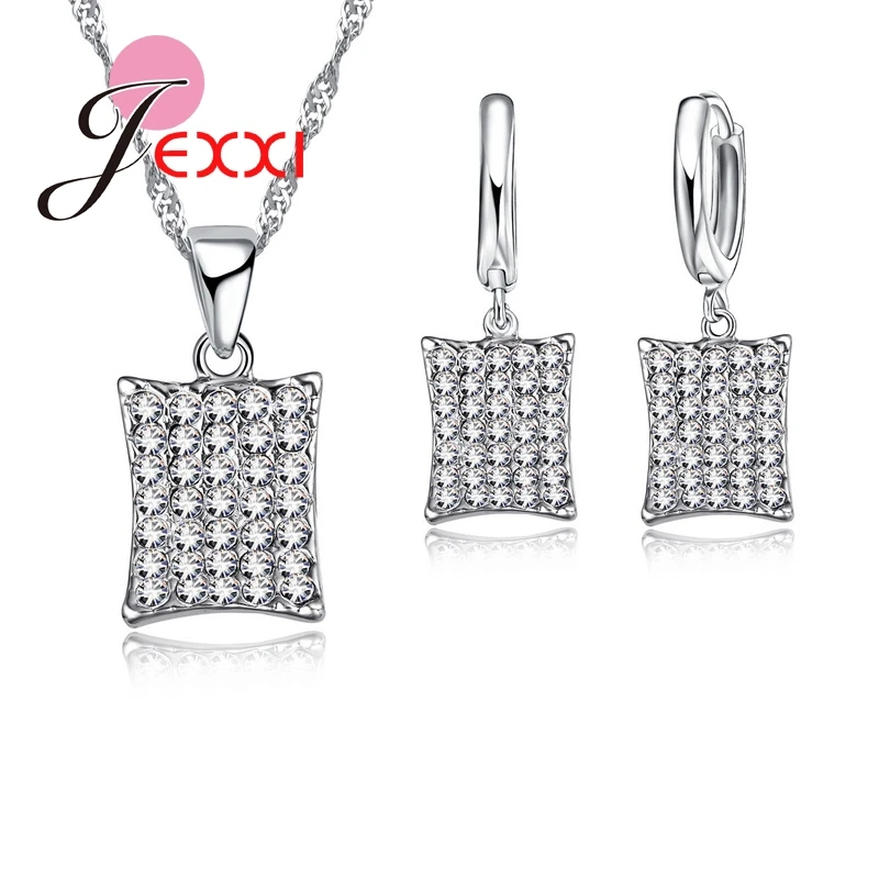 Klar Kristall Rechteck Form Berühmte Design 925 Sterling Silber Anhänger Halskette Ohrring Sets Schmuck Cubic ia