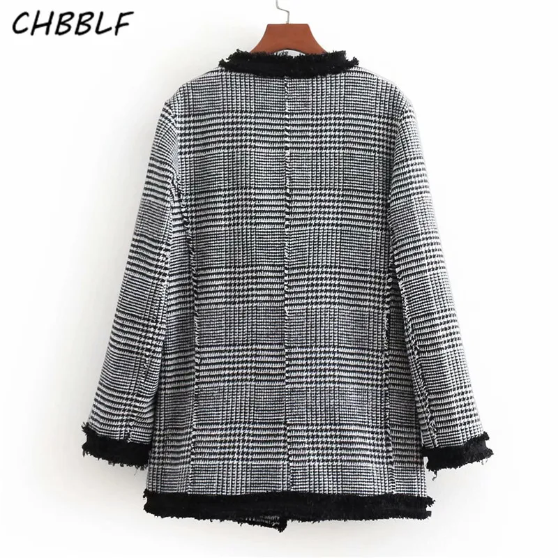 CHBBLF женский винтажный твидовый клетчатый блейзер с карманами, пальто с длинными рукавами, женская повседневная верхняя одежда, шикарные топы BGB8402