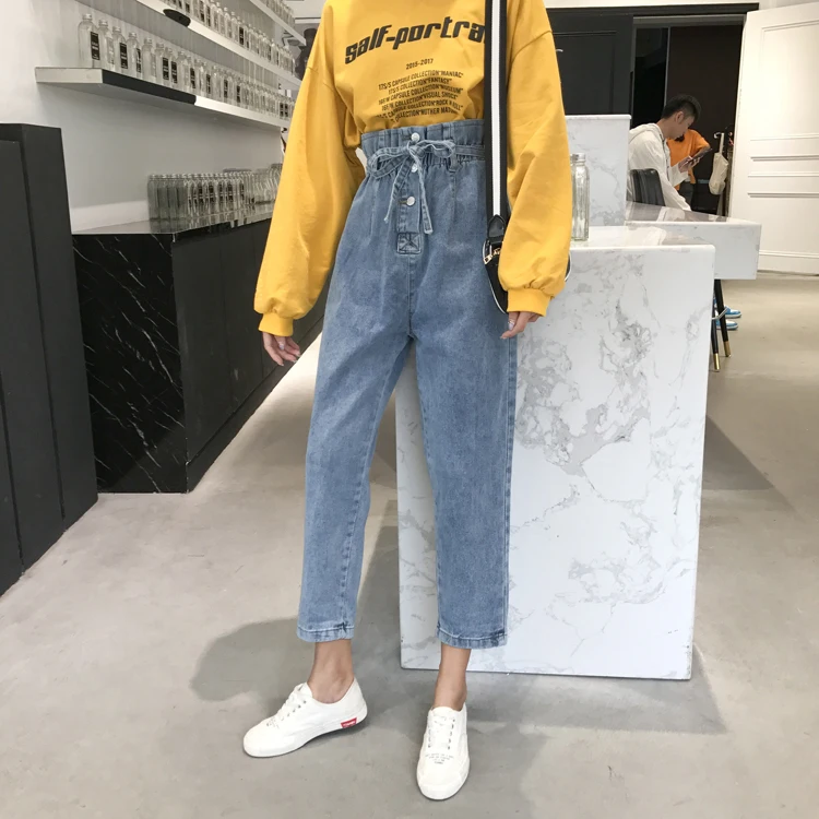 Весна 2019 новый корейский издание студенческий пояс с пуговицами Loin джинсы для женщин и бутон цветов Hallen джинсы девочек MW121