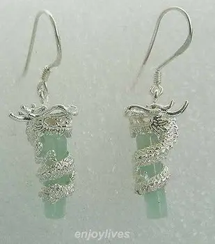 

Hot sale Free Shipping>>>>>18KWGP Dragon Coil Natural Light Green stone Pendant Hook Earrings