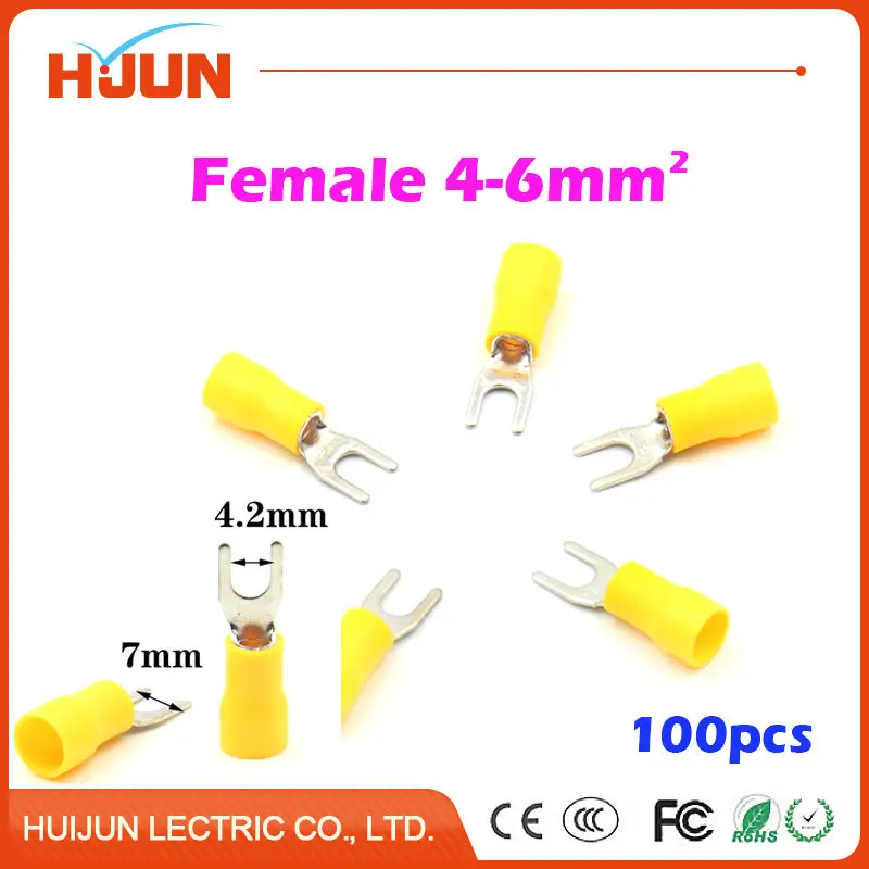 100pcs/lot SV5.5 6 Insulated Fork Wire Splice Connector Copper Electrical Cable Crimp Spade
