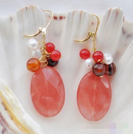 

Hot sell Noble- hot sell new - free shipping 09294 red ellipse faceted crystal pearl jade agate dangle earring