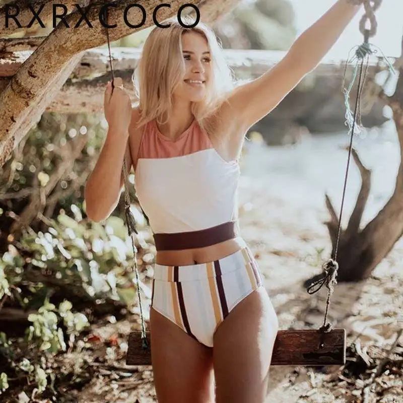 

high waist bikini sports bikini set swimwear women high neck conservative striped swimsuit push up beach wear swimming suit 2019