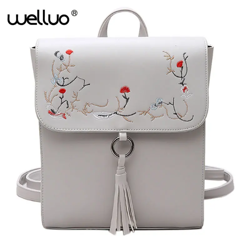 WELLVO New Arrive June Summer Embroidery Flowers Backpack Soft PU Leather Female Bags Simple Fashion Women