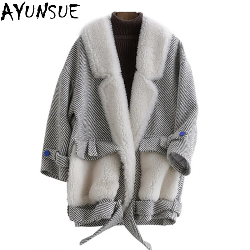 

AYUNSUE Autumn Winter Wool Coat Women Elegant Patchwork V Neck Warm Fur Coat Fenale Wool Blend Parka Mujer Outerwear LX2501