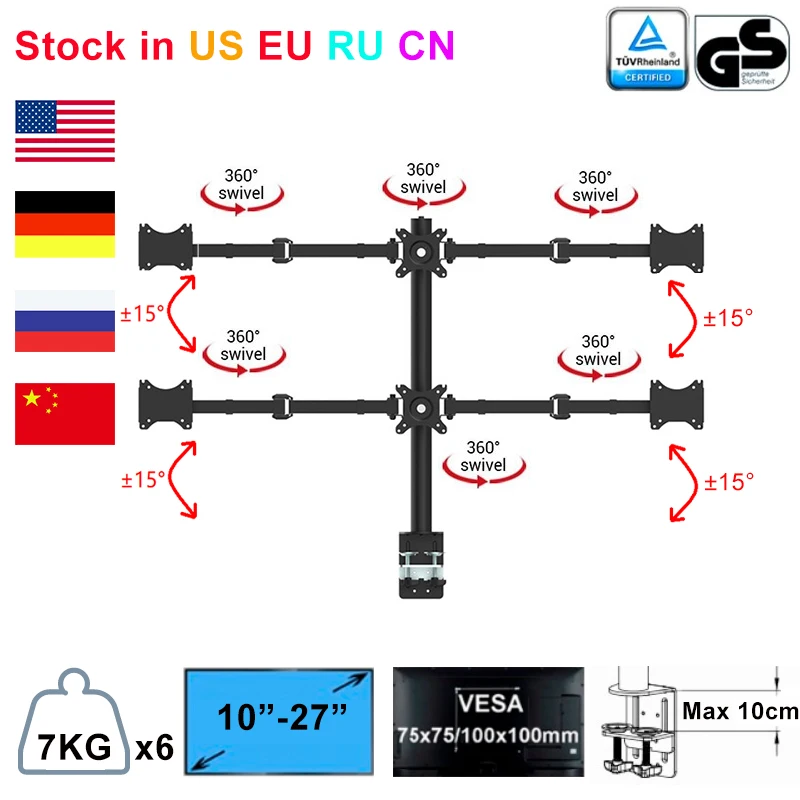 

Desktop Six Heavy LCD Arm Monitor Mount Stand Adjustable 6 Screens Fit for 10"-27" Max Support 7KG Weight Per Arm