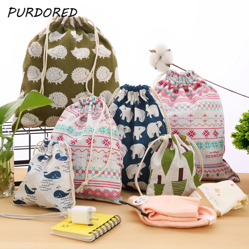 PURDORED 3 Pcs set Travel Drawstring Sport Bag Cotton Linen Storage Package Bags Women Cosmetic Jewelry