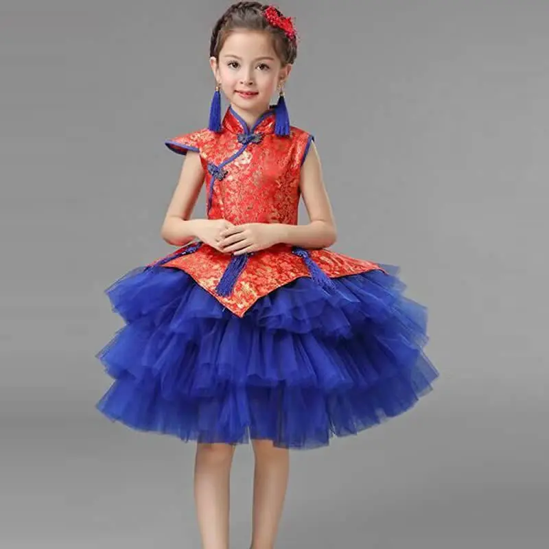 Дети народная музыка играть девушка guzheng синий ребенок китайский Новогодняя одежда традиционное платье современный Ципао китайский Халат - Цвет: Single shoulder of t